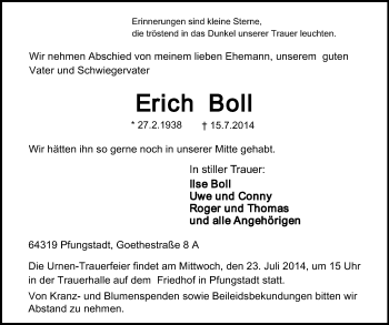 Traueranzeige von Erich Boll von Echo-Zeitungen (Gesamtausgabe)