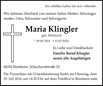 Traueranzeige von Maria Klingler von Echo-Zeitungen (Gesamtausgabe)
