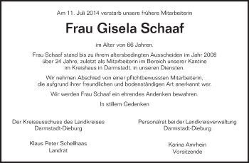 Traueranzeige von Gisela Schaaf von Echo-Zeitungen (Gesamtausgabe)