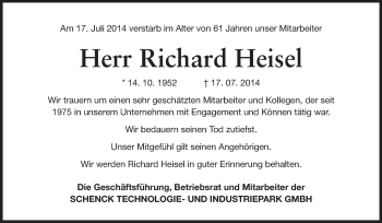 Traueranzeige von Richard Heise von Echo-Zeitungen (Gesamtausgabe)