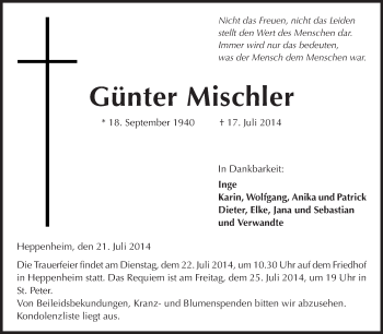 Traueranzeige von Günter Mischler von Starkenburger Echo