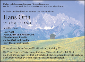 Traueranzeige von Hans Orth von Odenwälder Echo