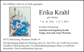Traueranzeige von Erika Krahl von Odenwälder Echo