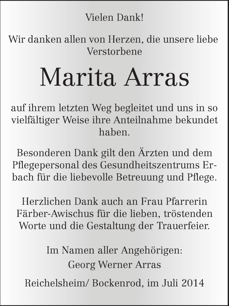  Traueranzeige für Marita Arras vom 26.07.2014 aus Odenwälder Echo