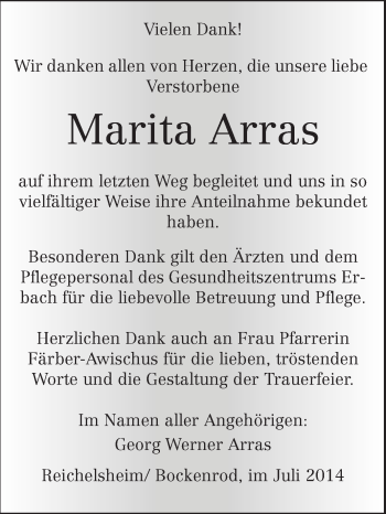 Traueranzeige von Marita Arras von Odenwälder Echo