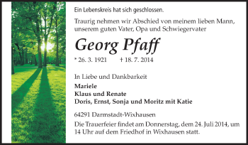 Traueranzeige von Georg Pfaff von Echo-Zeitungen (Gesamtausgabe)