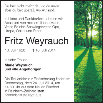 Traueranzeige von Fritz Weyrauch von Echo-Zeitungen (Gesamtausgabe)
