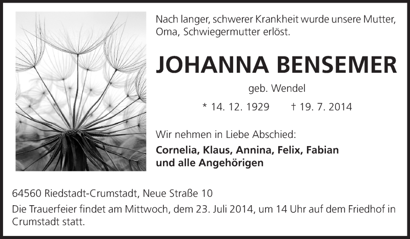  Traueranzeige für Johanna Bensemer vom 21.07.2014 aus Rüsselsheimer Echo, Groß-Gerauer-Echo, Ried Echo