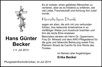 Traueranzeige von Hans Günter Becker von Echo-Zeitungen (Gesamtausgabe)