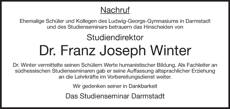  Traueranzeige für Franz Joseph Winter vom 22.07.2014 aus Echo-Zeitungen (Gesamtausgabe)