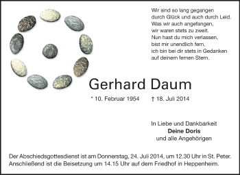 Traueranzeige von Gerhard Daum von Starkenburger Echo, Bergsträßer Anzeiger