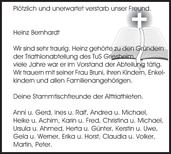 Traueranzeige von Heinz Bernhardt von Echo-Zeitungen (Gesamtausgabe)