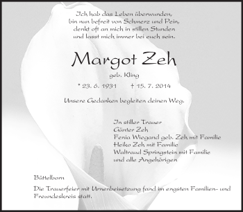 Traueranzeige von Margot Zeh von Rüsselsheimer Echo, Groß-Gerauer-Echo, Ried Echo