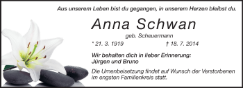 Traueranzeige von Anna Schwan von Rüsselsheimer Echo, Groß-Gerauer-Echo, Ried Echo