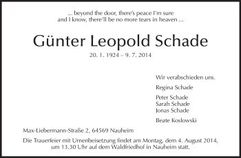 Traueranzeige von Günter Leopold Schade von Rüsselsheimer Echo, Groß-Gerauer-Echo, Ried Echo