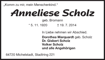 Traueranzeige von Anneliese Scholz von Echo-Zeitungen (Gesamtausgabe)