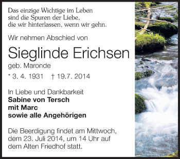 Traueranzeige von Sieglinde Erichsen von Echo-Zeitungen (Gesamtausgabe)