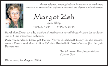 Traueranzeige von Margot Zeh von Rüsselsheimer Echo, Groß-Gerauer-Echo, Ried Echo