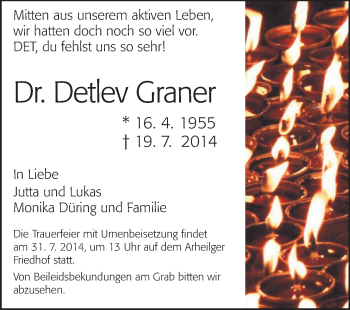 Traueranzeige von Detlev Graner von Echo-Zeitungen (Gesamtausgabe)