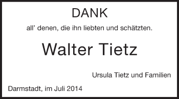 Traueranzeige von Walter Tietz von Echo-Zeitungen (Gesamtausgabe)