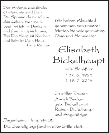 Traueranzeige von Elisabeth Bickelhaupt von Echo-Zeitungen (Gesamtausgabe)