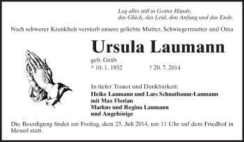 Traueranzeige von Ursula Laumann von Echo-Zeitungen (Gesamtausgabe)