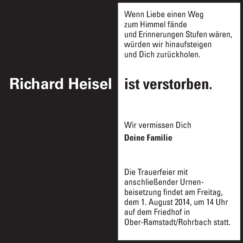  Traueranzeige für Richard Heisel vom 26.07.2014 aus Echo-Zeitungen (Gesamtausgabe)