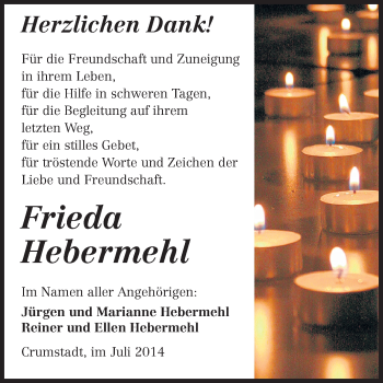 Traueranzeige von Frieda Hebermehl von Rüsselsheimer Echo, Groß-Gerauer-Echo, Ried Echo