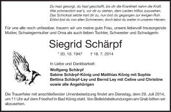 Traueranzeige von Siegrid Schärpf von Odenwälder Echo