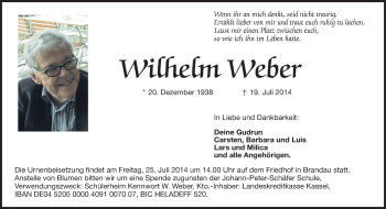 Traueranzeige von Wilhelm Weber von Echo-Zeitungen (Gesamtausgabe)