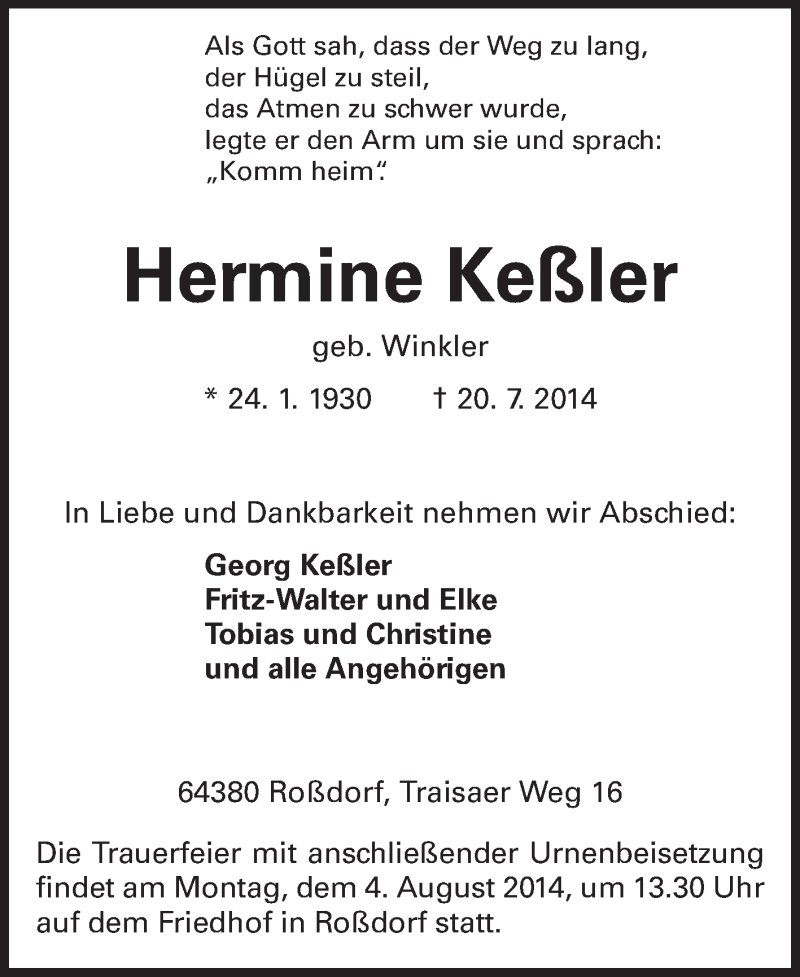  Traueranzeige für Hermine Keßler vom 30.07.2014 aus Echo-Zeitungen (Gesamtausgabe)
