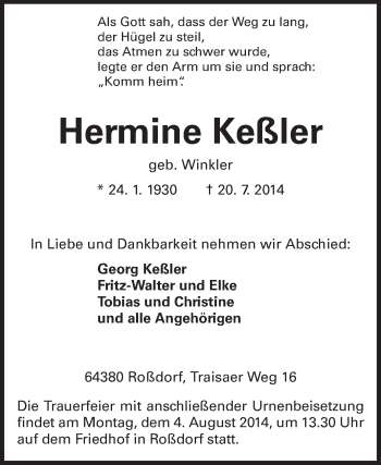 Traueranzeige von Hermine Keßler von Echo-Zeitungen (Gesamtausgabe)
