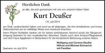 Traueranzeige von Kurt Deußer von Echo-Zeitungen (Gesamtausgabe)