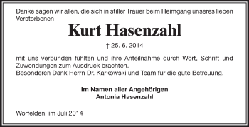 Traueranzeige von Kurt Hasenzahl von Rüsselsheimer Echo, Groß-Gerauer-Echo, Ried Echo