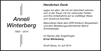 Traueranzeige von Anneli Winterberg von Rüsselsheimer Echo, Groß-Gerauer-Echo, Ried Echo