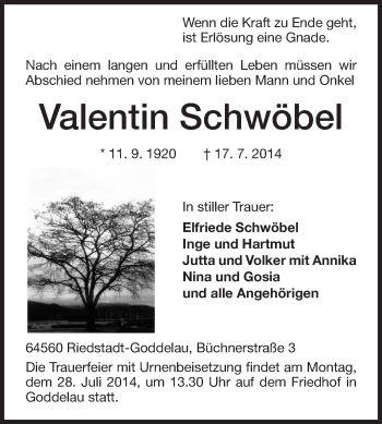 Traueranzeige von Valentin Schwöbel von Rüsselsheimer Echo, Groß-Gerauer-Echo, Ried Echo