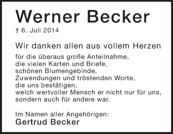 Traueranzeige von Werner Becker von Echo-Zeitungen (Gesamtausgabe)