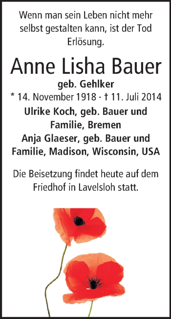 Traueranzeige von Anne Lisha Bauer von Echo-Zeitungen (Gesamtausgabe)