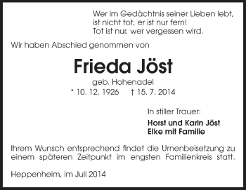 Traueranzeige von Frieda Jöst von Starkenburger Echo