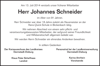 Traueranzeige von Johannes Schneider von Echo-Zeitungen (Gesamtausgabe)