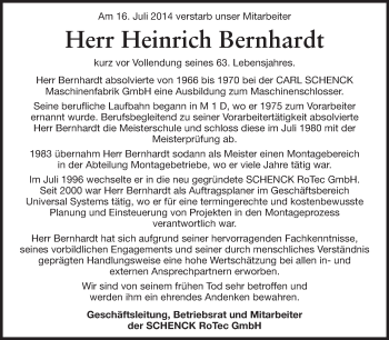 Traueranzeige von Heinrich Bernhardt von Echo-Zeitungen (Gesamtausgabe)