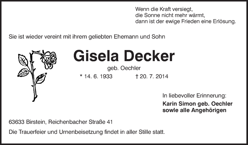  Traueranzeige für Gisela Decker vom 26.07.2014 aus Echo-Zeitungen (Gesamtausgabe)