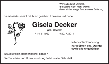 Traueranzeige von Gisela Decker von Echo-Zeitungen (Gesamtausgabe)