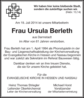 Traueranzeige von Ursula Berleth von Echo-Zeitungen (Gesamtausgabe)