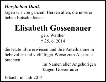 Traueranzeige von Elisabeth Gossenauer von Odenwälder Echo