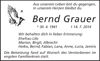 Traueranzeige von Bernd Grauer von Echo-Zeitungen (Gesamtausgabe)