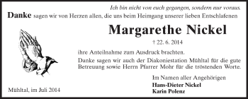 Traueranzeige von Margarethe Nickel von Echo-Zeitungen (Gesamtausgabe)