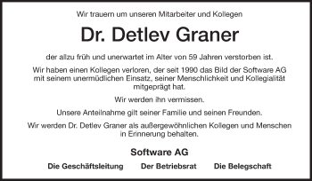 Traueranzeige von Detlev Graner von Echo-Zeitungen (Gesamtausgabe)