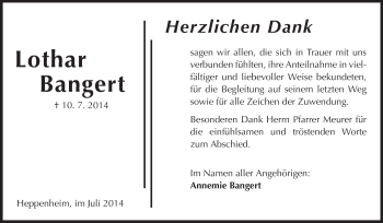 Traueranzeige von Lothar Bangert von Starkenburger Echo, Bergsträßer Anzeiger