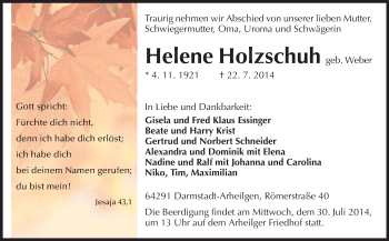 Traueranzeige von Helene Holzschuh von Echo-Zeitungen (Gesamtausgabe)